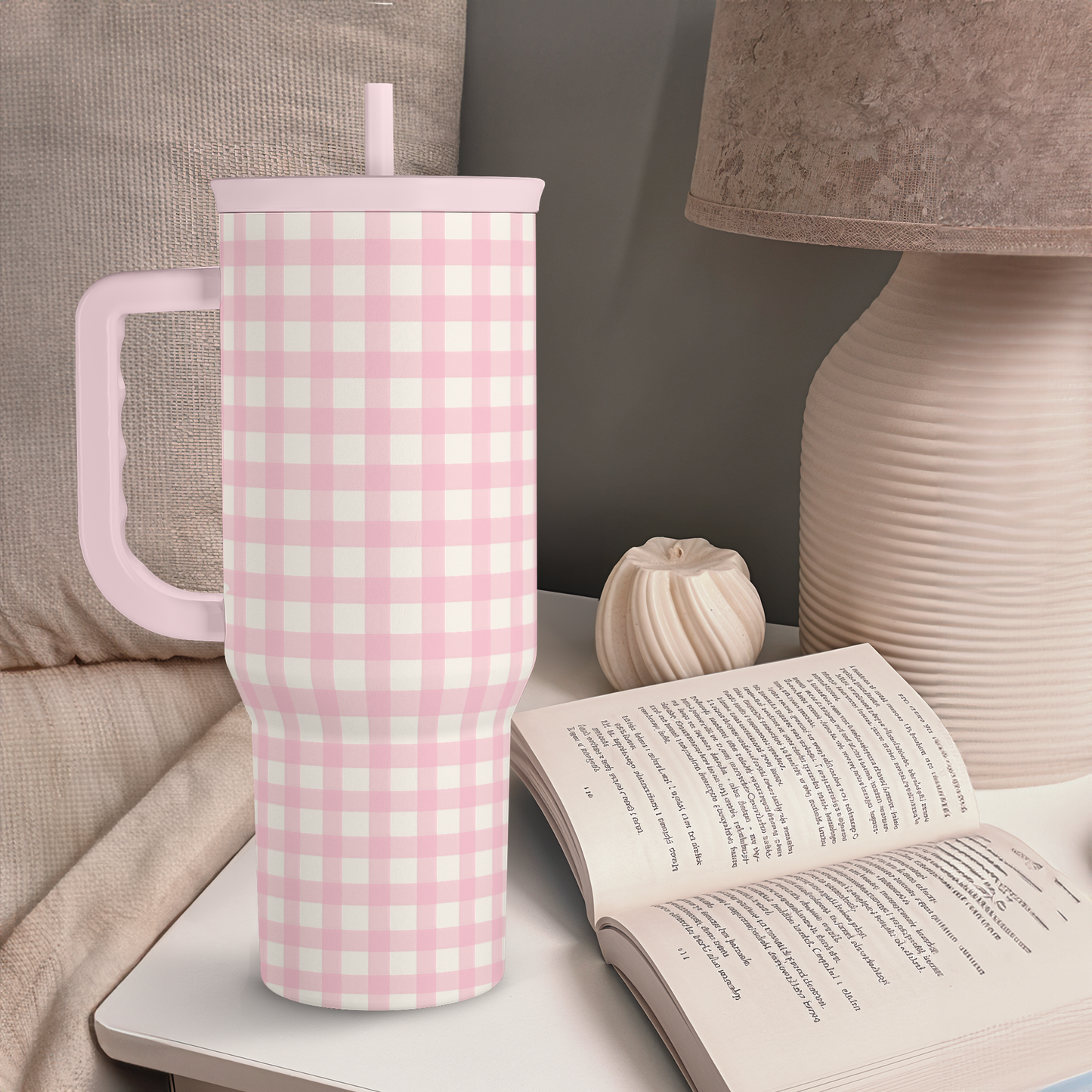 Pink Gingham 40oz Slider Tumbler with Handle and Straw - Insulated Stainless Steel Travel Coffee Mug for Women Girls, Gift for Birthday, Christmas