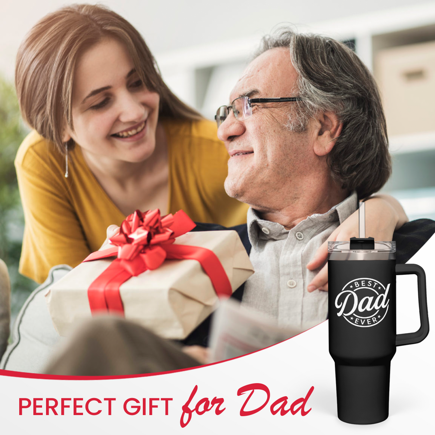 Best Dad Ever Tumbler with Handle 40oz Stainless Steel Insulated - Dad Gifts for Dad from Daughter Son - Coffee Tumbler for Dad Father's Day Birthday Christmas Cup Gift Set with Lid & Straw