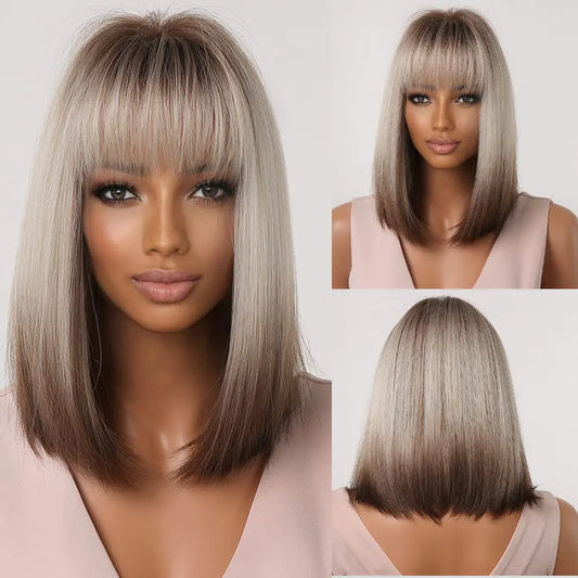 Bob with Bangs Wig-Brown with Grey Highlights