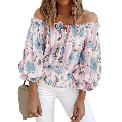Women's Off-Shoulder Chiffon Print Long Sleeve Top *Multiple Colors