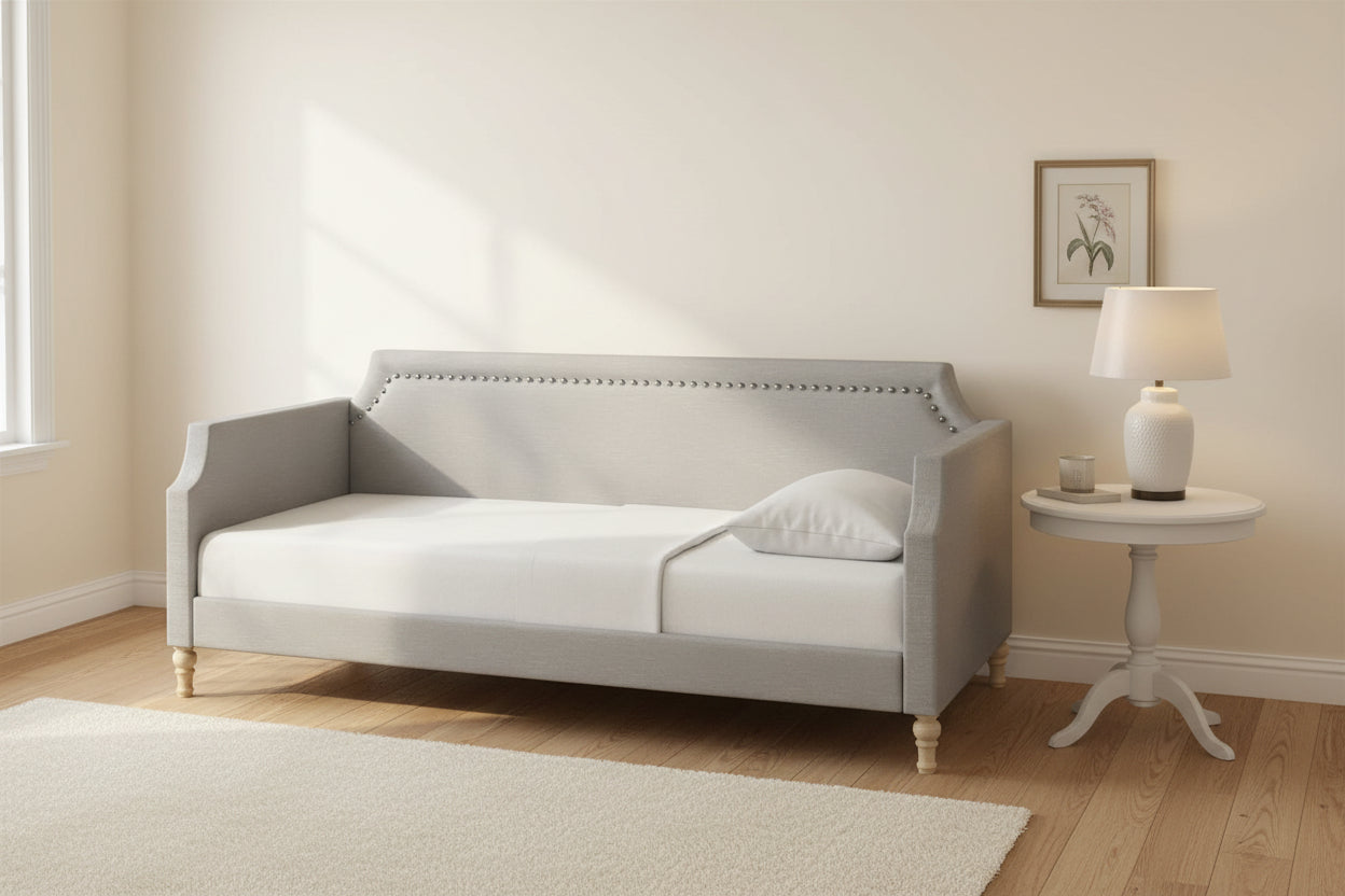 Twin size Grey Polyester Fabric Upholstered Daybed with Nailhead Trim