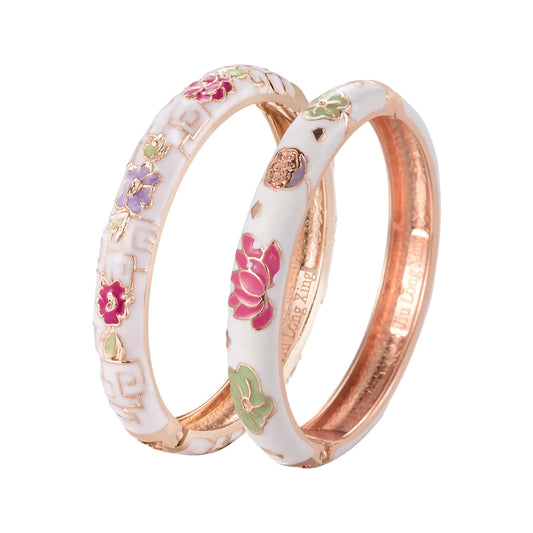 UJOY Vintage Cloisonne Bracelets Flower Enameled Jewelry Gold Plated Cuff Bangle for Women Gift Box 55A35-55A114 White