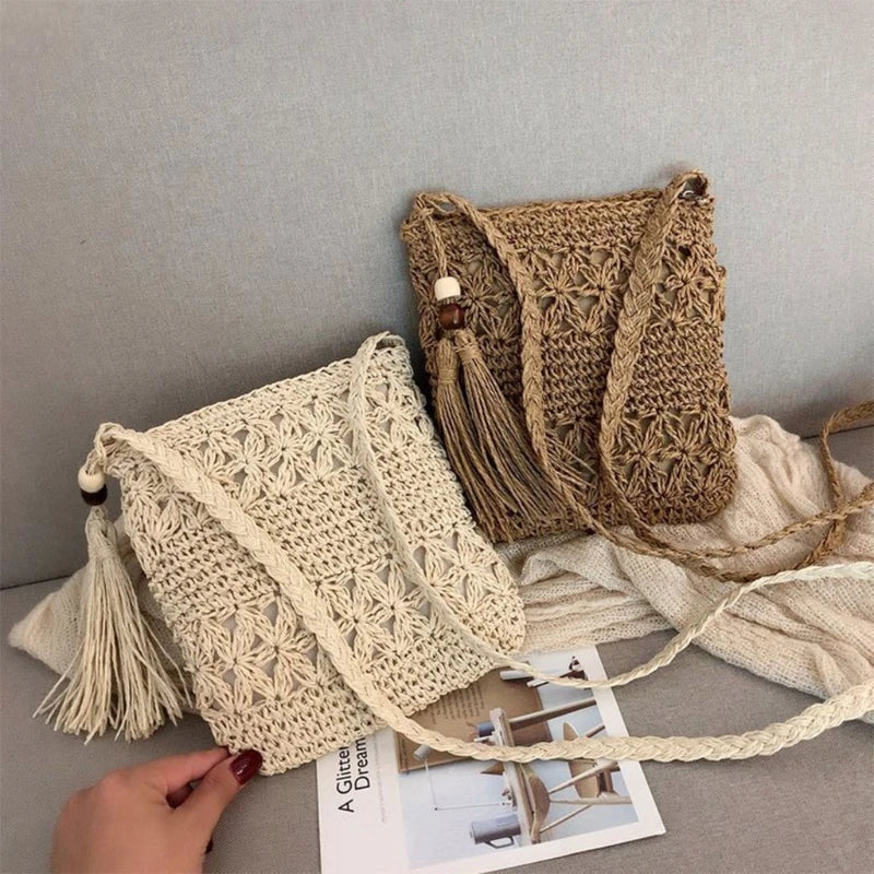 Beach Woven Straw Shoulder Messenger Bag with Tassel