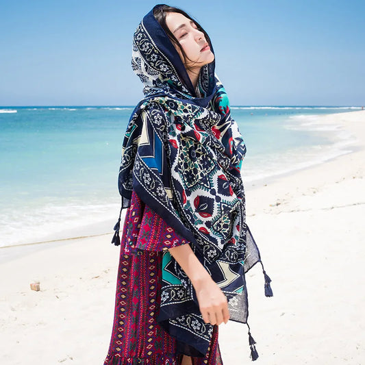 Design Brand Women Scarf Sunscreen Cotton Shawls Dual-Use Summer Autumn Long Scarves Seaside Holiday Beach Towel Beachwear Veils
