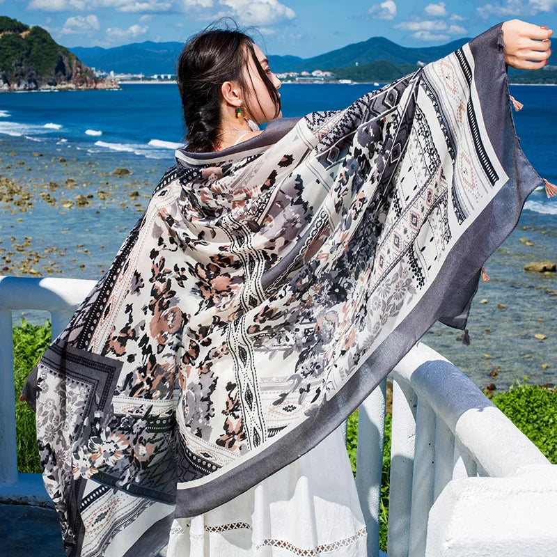 Design Brand Women Scarf Sunscreen Cotton Shawls Dual-Use Summer Autumn Long Scarves Seaside Holiday Beach Towel Beachwear Veils