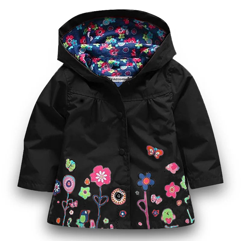 Girls Fashion Waterproof Children Clothes Autumn Casual Baby Boys Windcoat Long Sleeve Jacket Flower Print Kids Hoodie Outwear