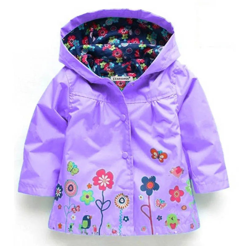 Girls Fashion Waterproof Children Clothes Autumn Casual Baby Boys Windcoat Long Sleeve Jacket Flower Print Kids Hoodie Outwear