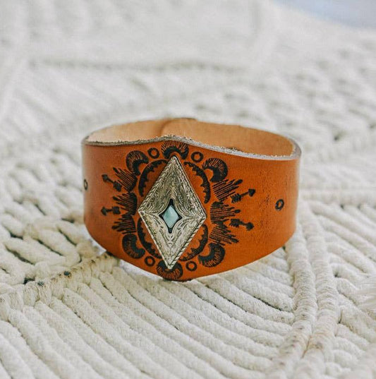 Handcrafted Diamond Piece Leather Cuff Bracelet