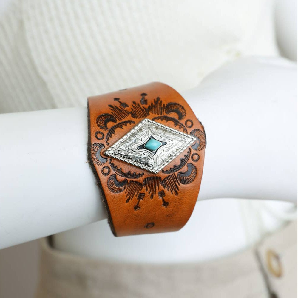 Handcrafted Diamond Piece Leather Cuff Bracelet
