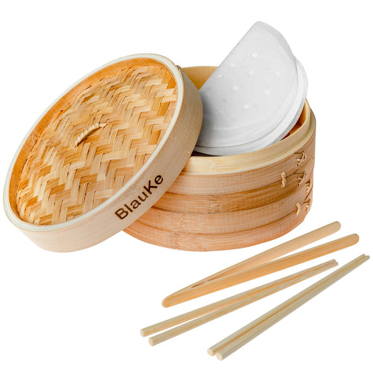 10 Inch 2-Tier Bamboo Steamer Basket with 2 Pairs Chopsticks, Tongs and 50 Paper Liners