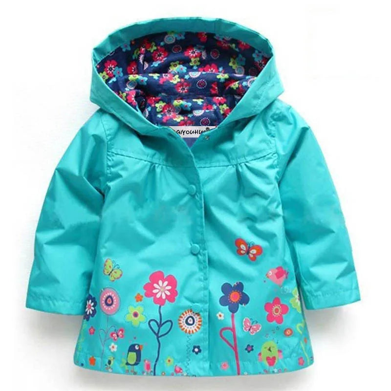 Girls Fashion Waterproof Children Clothes Autumn Casual Baby Boys Windcoat Long Sleeve Jacket Flower Print Kids Hoodie Outwear