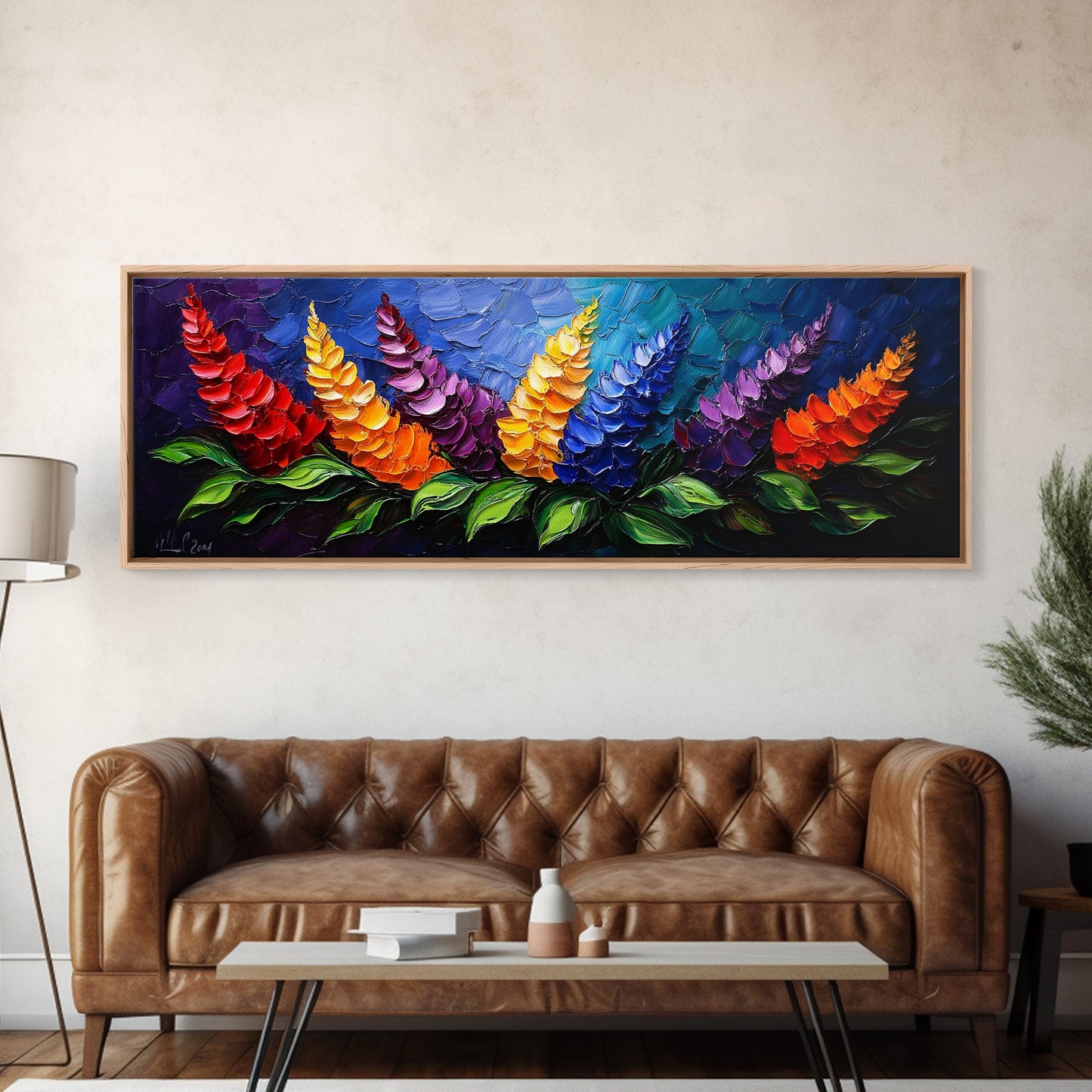 Large Wildflower Painting on Navy Blue Background, Canvas Print, 3D Appearance, Minimalist / Boho Farmhouse Decor