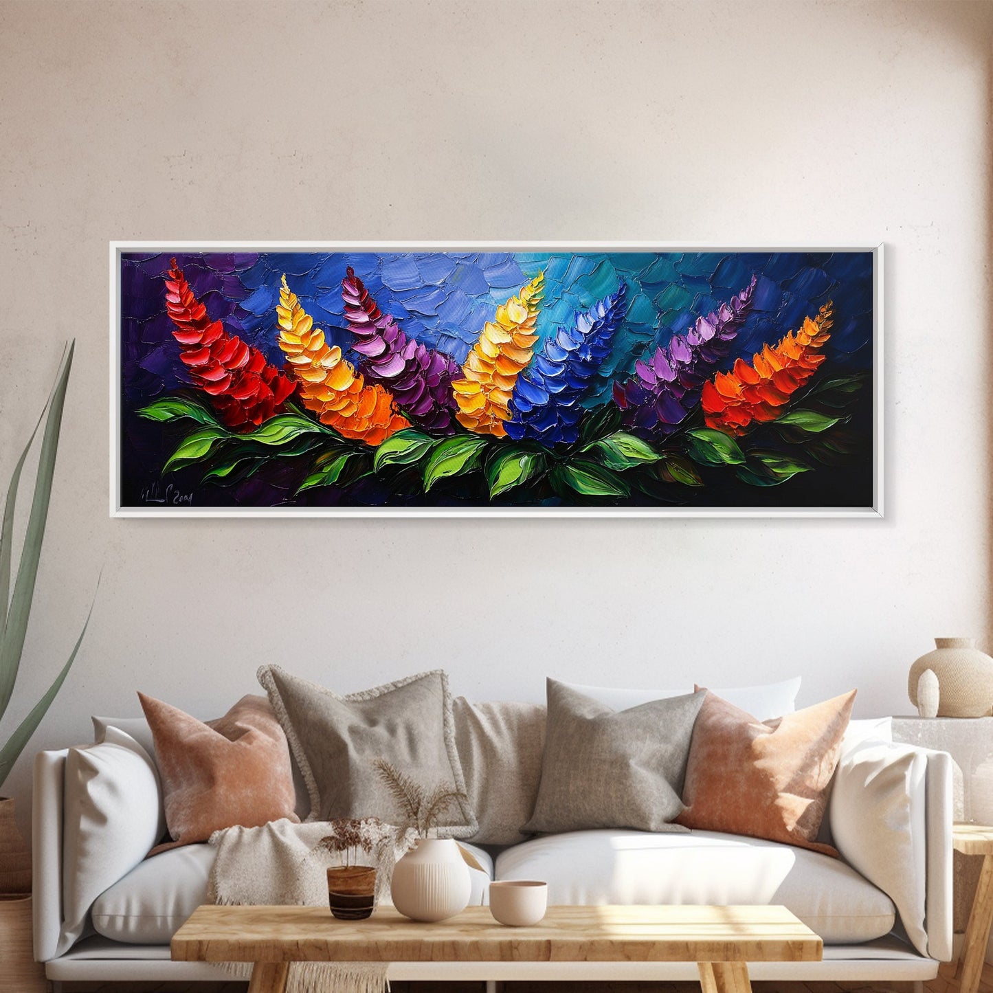 Large Wildflower Painting on Navy Blue Background, Canvas Print, 3D Appearance, Minimalist / Boho Farmhouse Decor