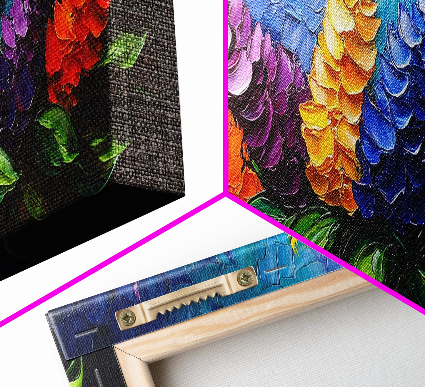 Large Wildflower Painting on Navy Blue Background, Canvas Print, 3D Appearance, Minimalist / Boho Farmhouse Decor