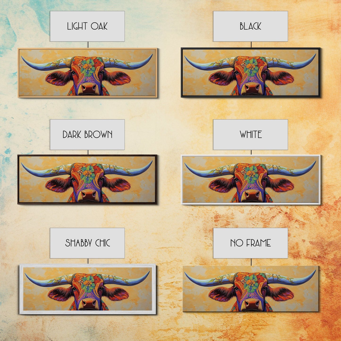 Floral Longhorn Art, Southwestern Wall Art, Texas Cow Art, Rustic Farmhouse Decor, Boho Art, Framed Canvas Print, Moody Art