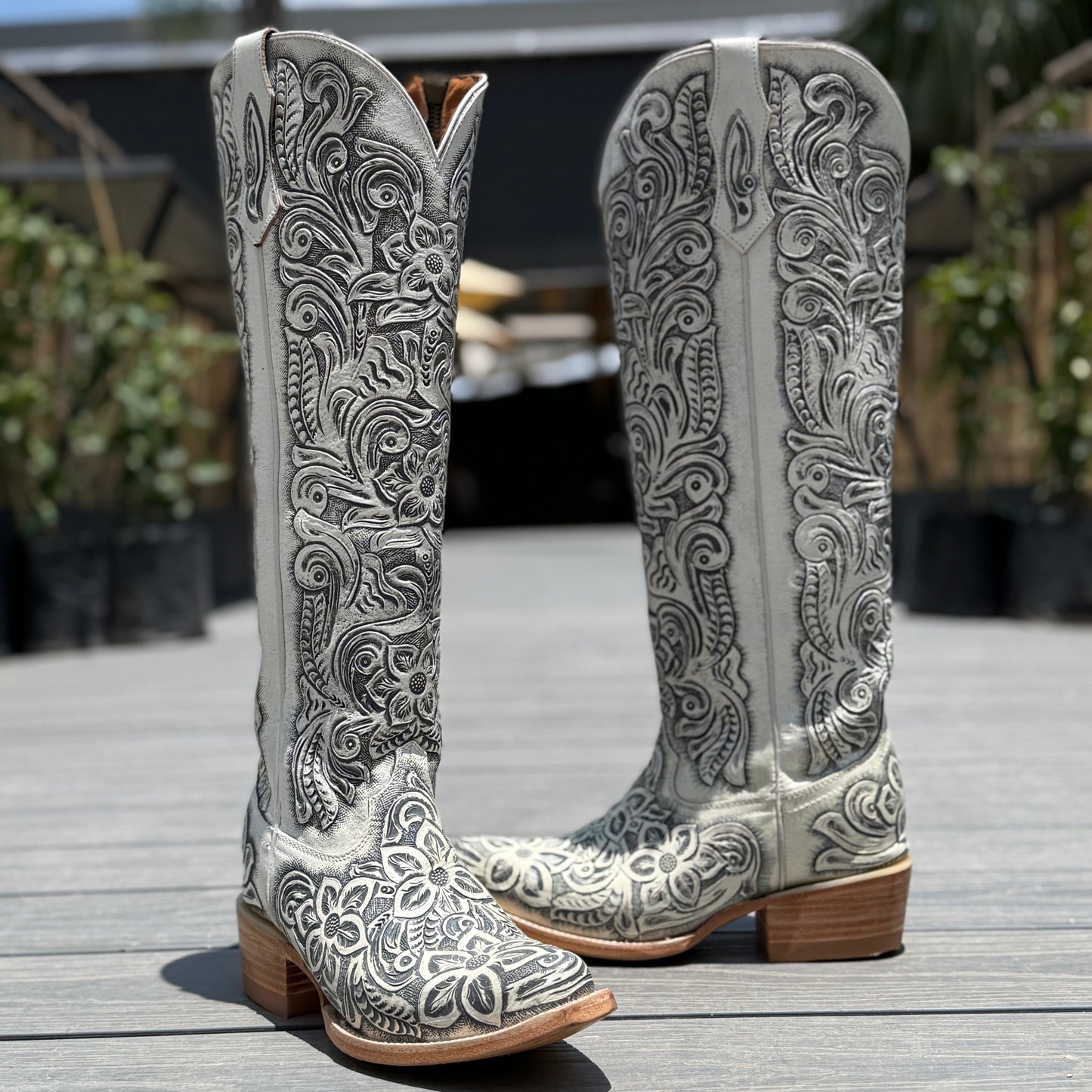 Women’s Hand-Tooled White Tall Cowgirl Boots