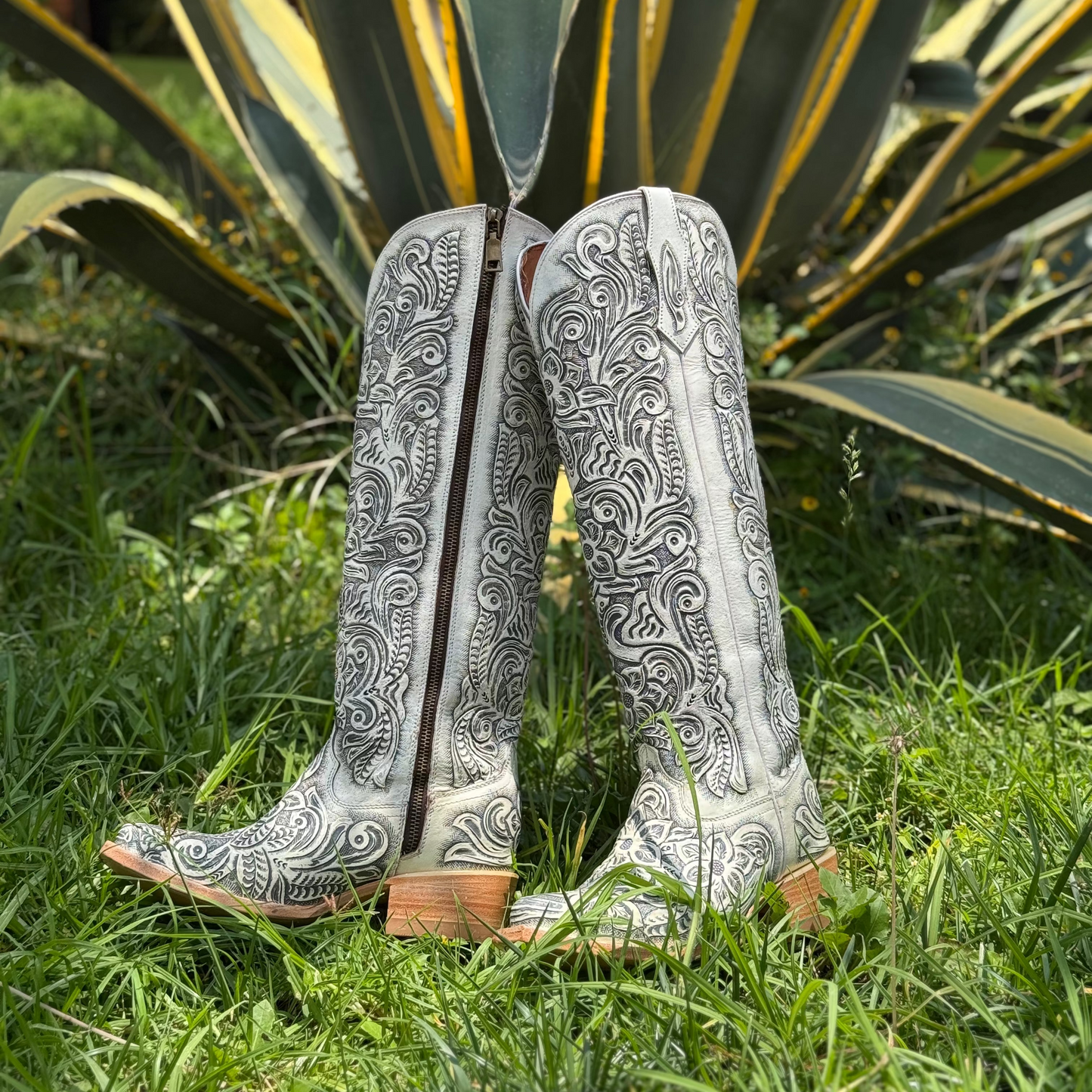Women’s Hand-Tooled White Tall Cowgirl Boots