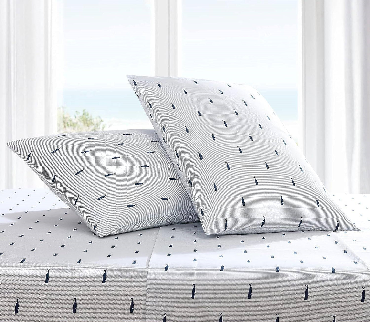 King size Coastal Beach 100-Percent Cotton Navy Blue White Stripe Sheet Set