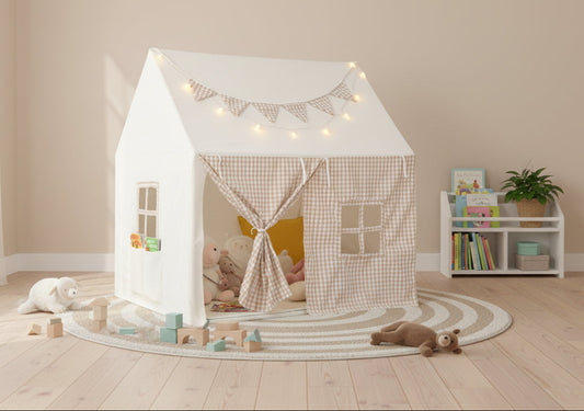 Kids Play Tent Large Playhouse with Padded Mat and 2 Breathable Windows-Beige