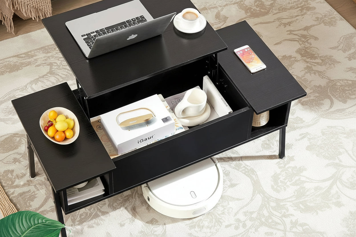 Modern Lift-Top Coffee Table Laptop Desk with Storage Shelf in Black Wood Finish