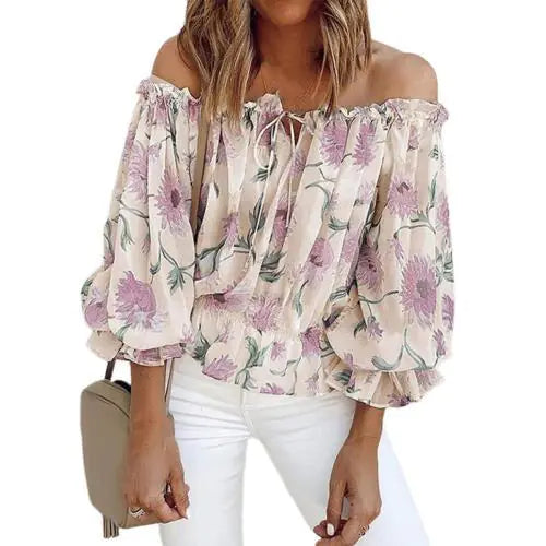 Women's Off-Shoulder Chiffon Print Long Sleeve Top *Multiple Colors