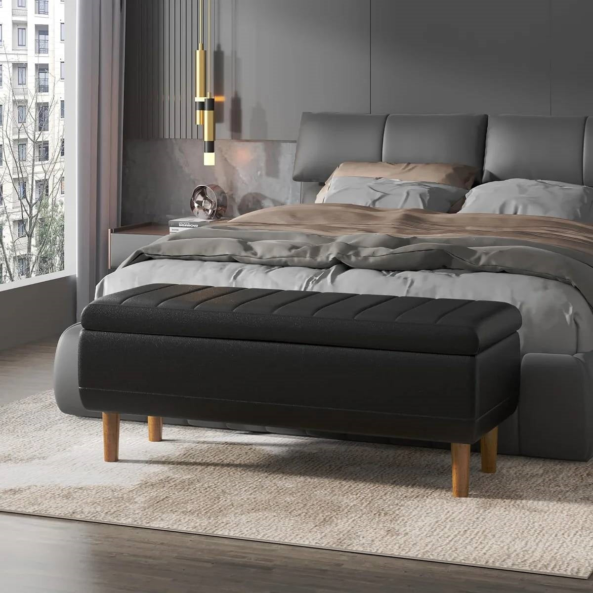 Modern Mid-Century Black Faux Leather End of Bed Storage Bench Ottoman