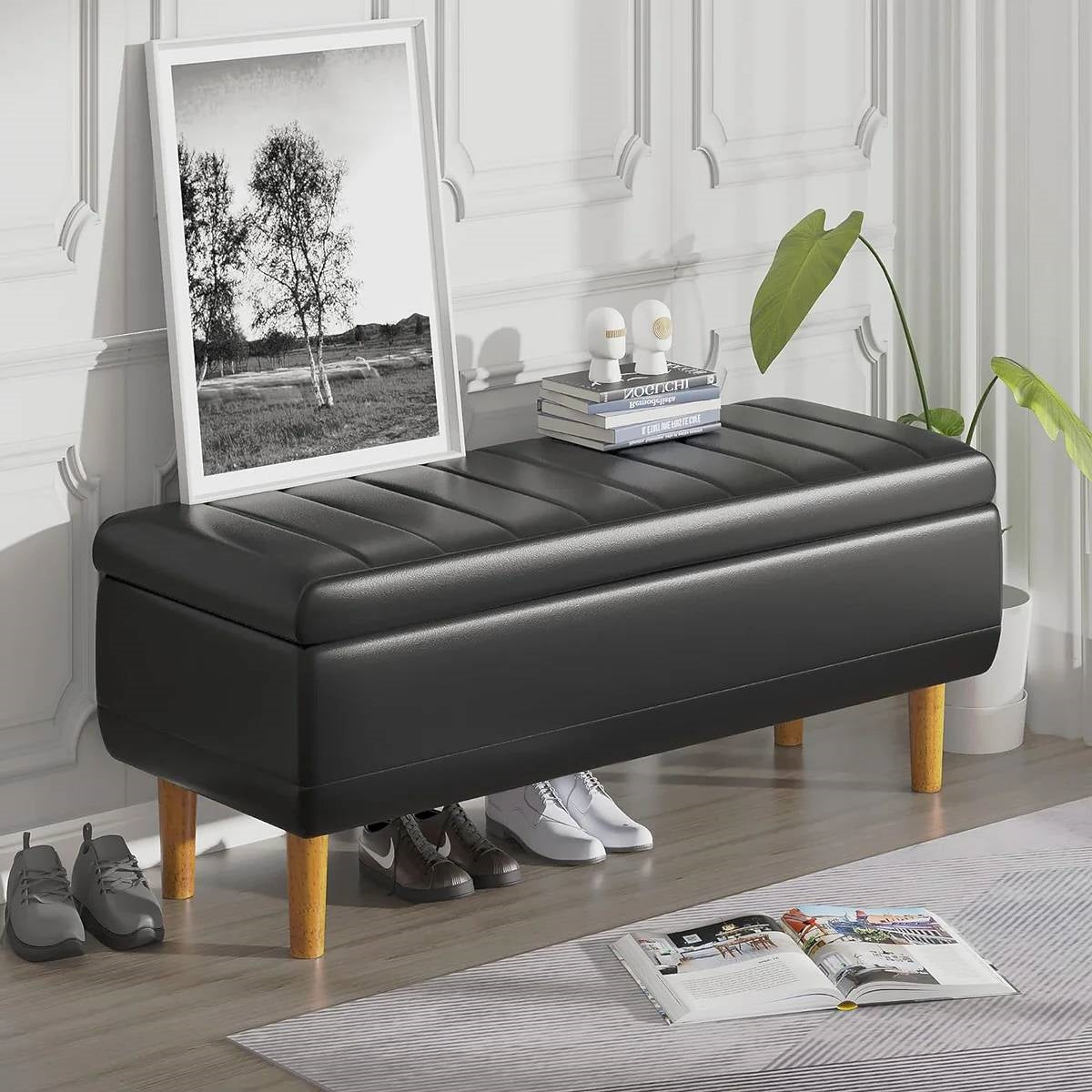 Modern Mid-Century Black Faux Leather End of Bed Storage Bench Ottoman