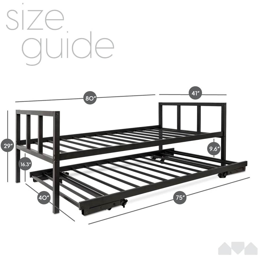 Twin Heavy Duty Black Metal Daybed Frame with Roll-Out Pop-Up Trundle Bed Frame