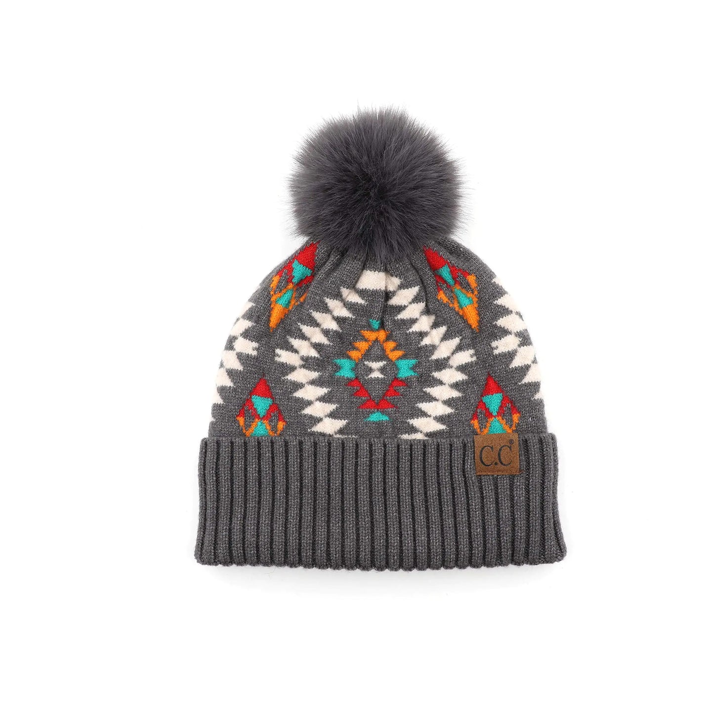 C.C Soft Aztec Pattern Beanie with Faux Fur Pom