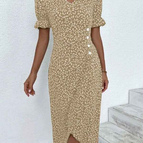 Slim-fit Women's Geometric Collage Bubble Sleeves Irregular hem Dress Sub Female Split Dress Summer Floral dress