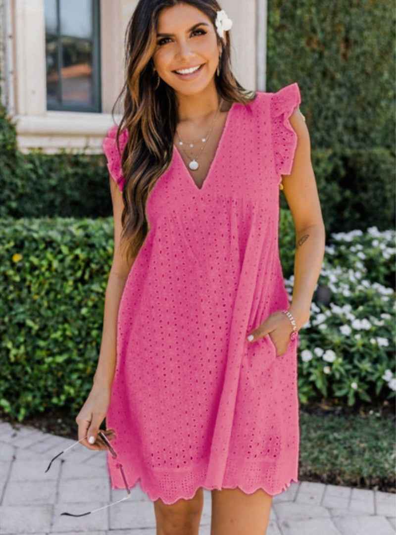Lace jacquard hollowed V-neck dress