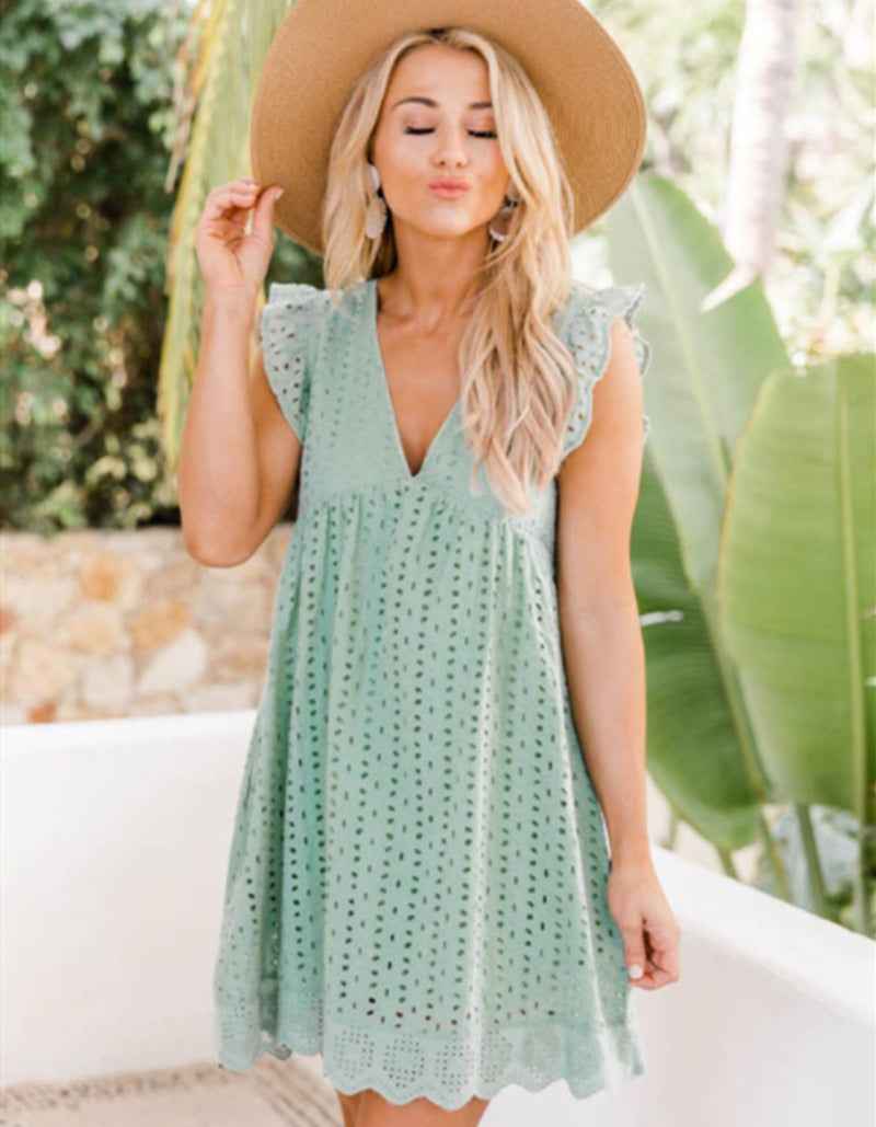 Lace jacquard hollowed V-neck dress