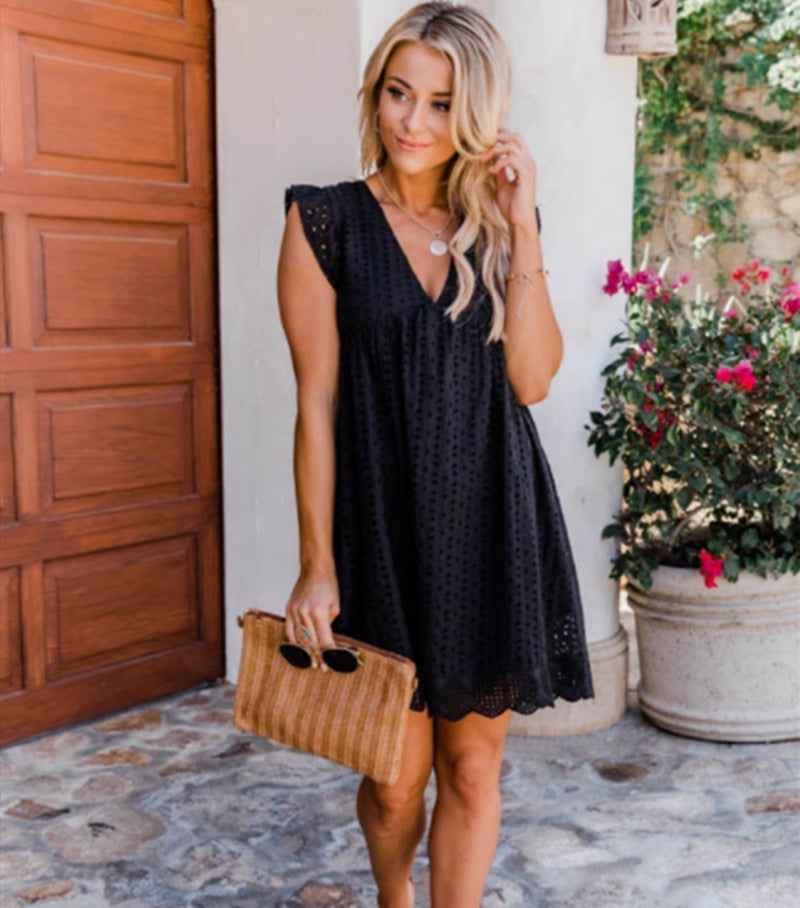 Lace jacquard hollowed V-neck dress