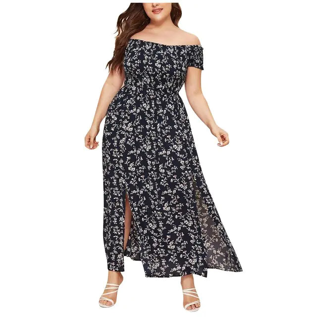 Plus Size Floral Print Off-Shoulder Summer Dress