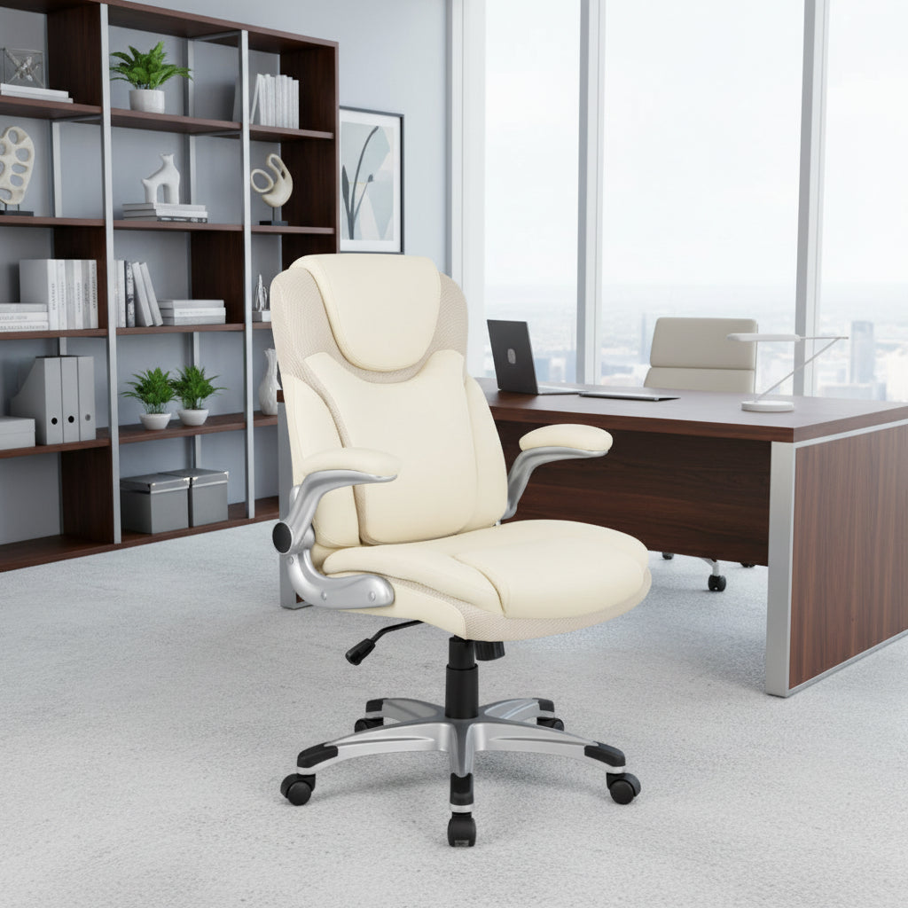 Ergonomic Office PU Leather Executive Chair with Flip-up Armrests and Rocking Function-White