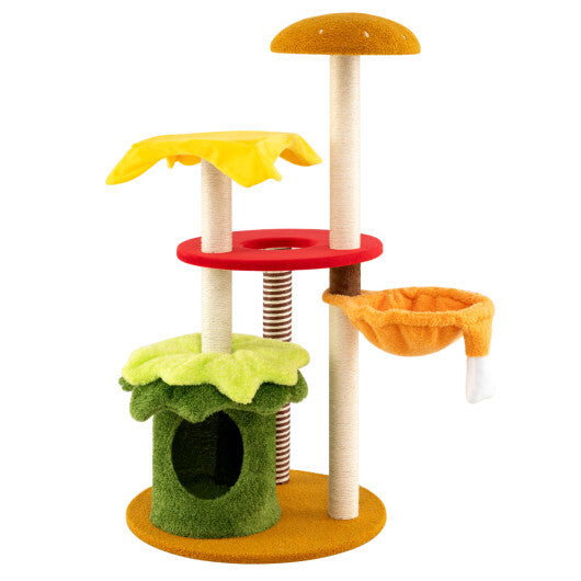 46 Inch Tall Cat Tree Multi-Level with Padded Perch and Hanging Basket Bed-Yellow