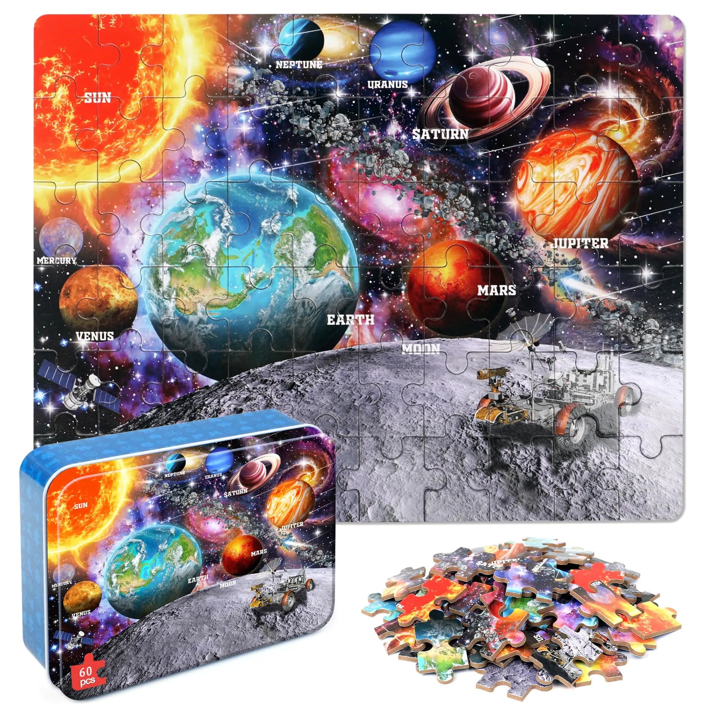 LELEMON Puzzles for Kids Ages 4-6 Space Puzzle 60 Piece Puzzles for Kids in a Metal Box Educational Kids Puzzles Jigsaw Puzzles Childrens Puzzle Games Puzzle Toys for Girls and Boys