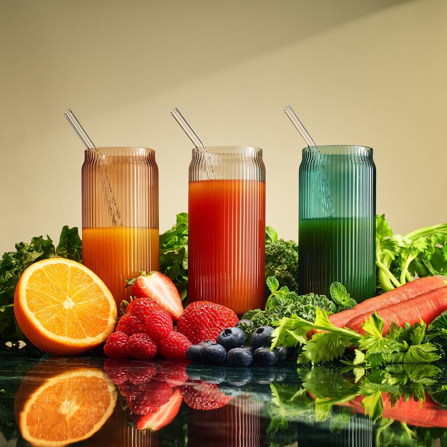 Tonal Ribbed Soda Can Highball Glassware & 6 Glass Straws, Set of 6