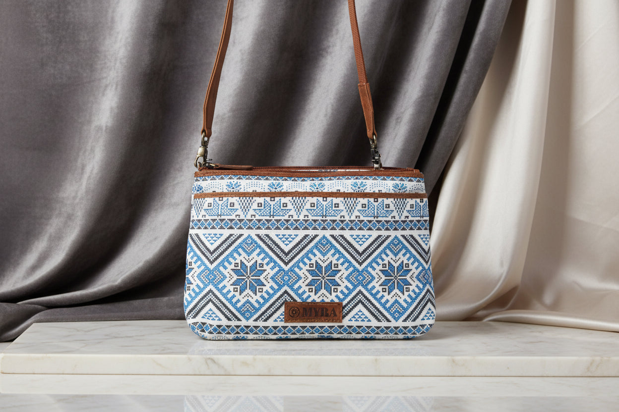 Myra Tribal Hollow Cotton & Leather Crossbody Bag in Indigo Frost