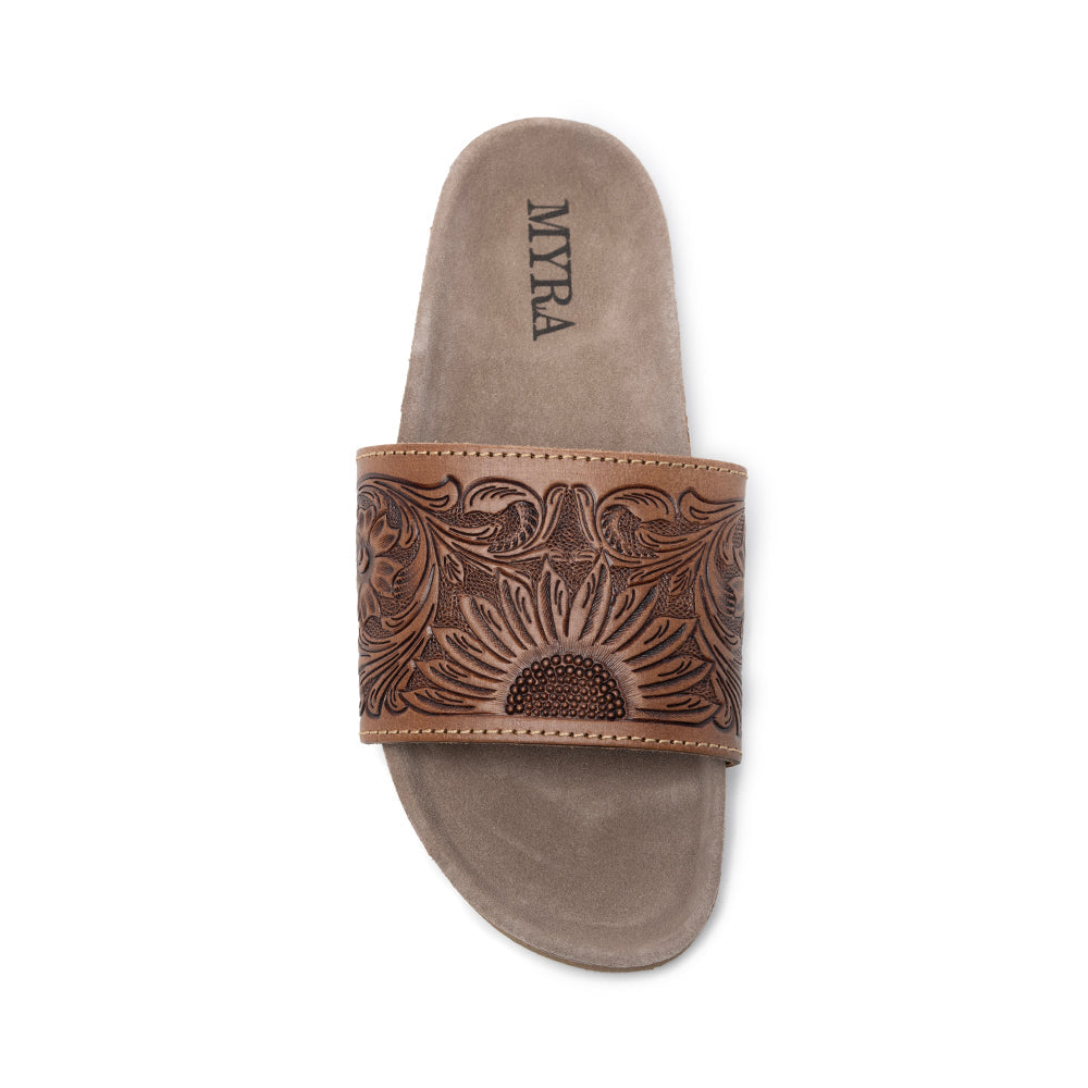 Myra Dottie Handtooled Leather Slide Sandals for Women â€“ Floral Western Tooling with Cork Sole for Casual Comfort