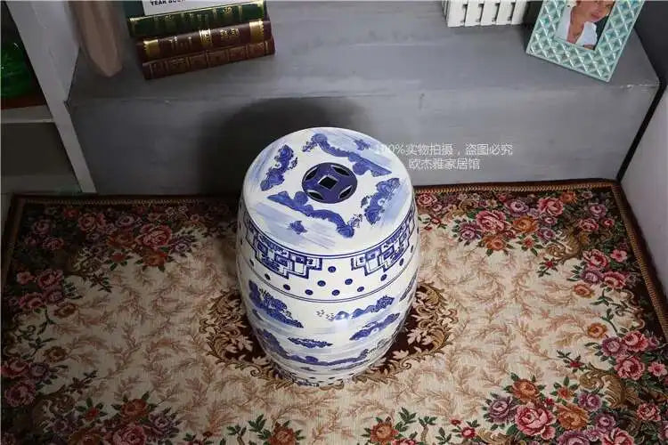 Hand Drawn Blue and White Porcelain Shoe Changing Stool Ceramic Drum Bathroom Neoclassical Imitation Sitting Stool Low Round