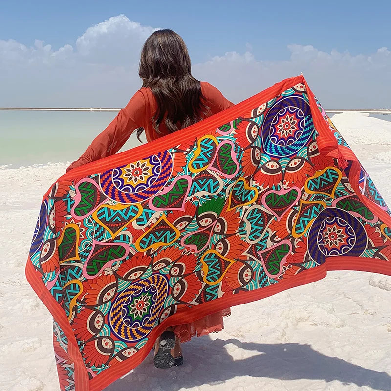 Design Brand Women Scarf Sunscreen Cotton Shawls Dual-Use Summer Autumn Long Scarves Seaside Holiday Beach Towel Beachwear Veils