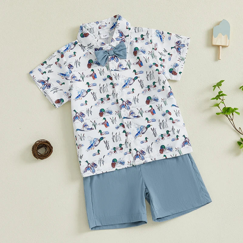 Baby Boy Dinosaur Print Short Sleeve Collared Shirt with Denim Shorts 2Pcs Set