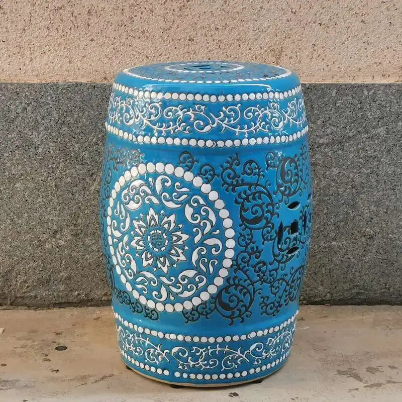 Hand Drawn Blue and White Porcelain Shoe Changing Stool Ceramic Drum Bathroom Neoclassical Imitation Sitting Stool Low Round