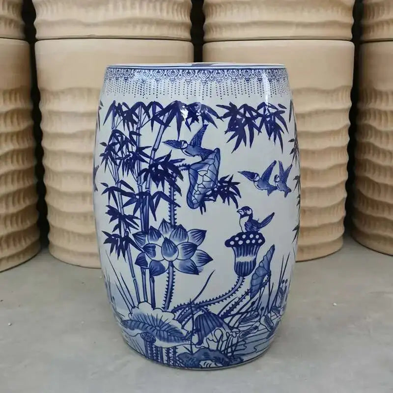 Hand Drawn Blue and White Porcelain Shoe Changing Stool Ceramic Drum Bathroom Neoclassical Imitation Sitting Stool Low Round