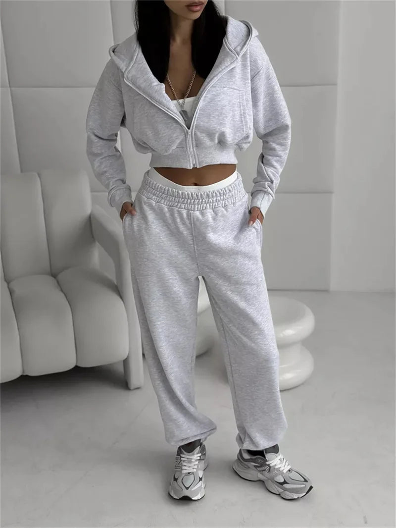 Sweatshirt Two-piece Suit Women's Casual Sports Sets Sexy High-waist Hoodies Short Zip-up Jacket Straight Trousers 2-piece Sets