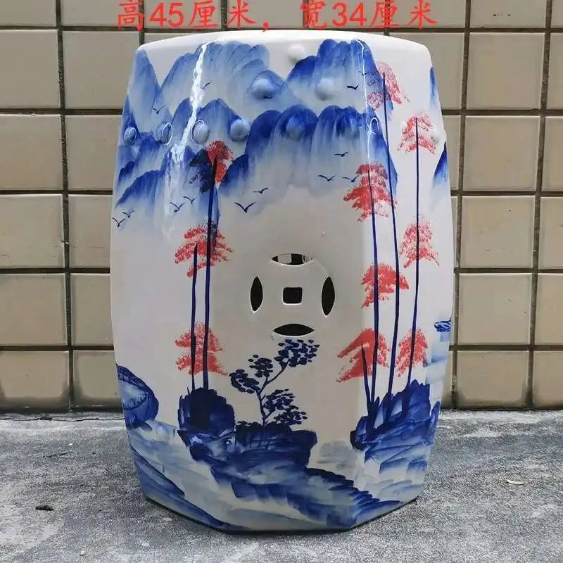 Hand Drawn Blue and White Porcelain Shoe Changing Stool Ceramic Drum Bathroom Neoclassical Imitation Sitting Stool Low Round