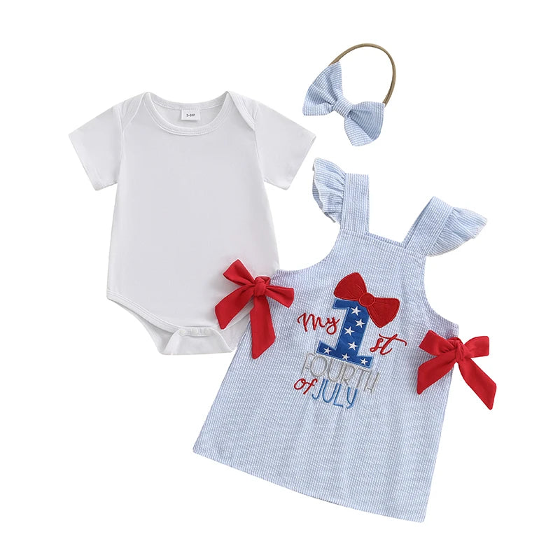 Infant Girls American Flag Romper with Matching Plaid Dress and Headband - Patriotic 3 Piece Outfit Set for Baby Girl