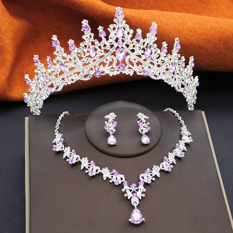 Elegant Bride Tiaras and Necklace Earrings Set Girls 3 pcs Party Birthday Bridal Sets Wedding Crown Jewelry Costume Accessories