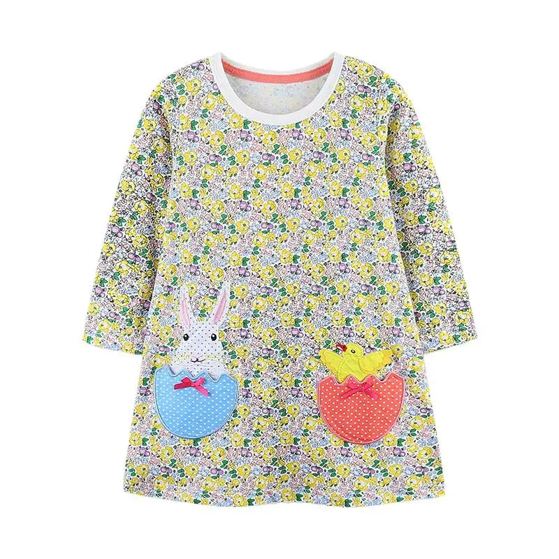 Girls Easter Floral Long-Sleeve Cotton Dress